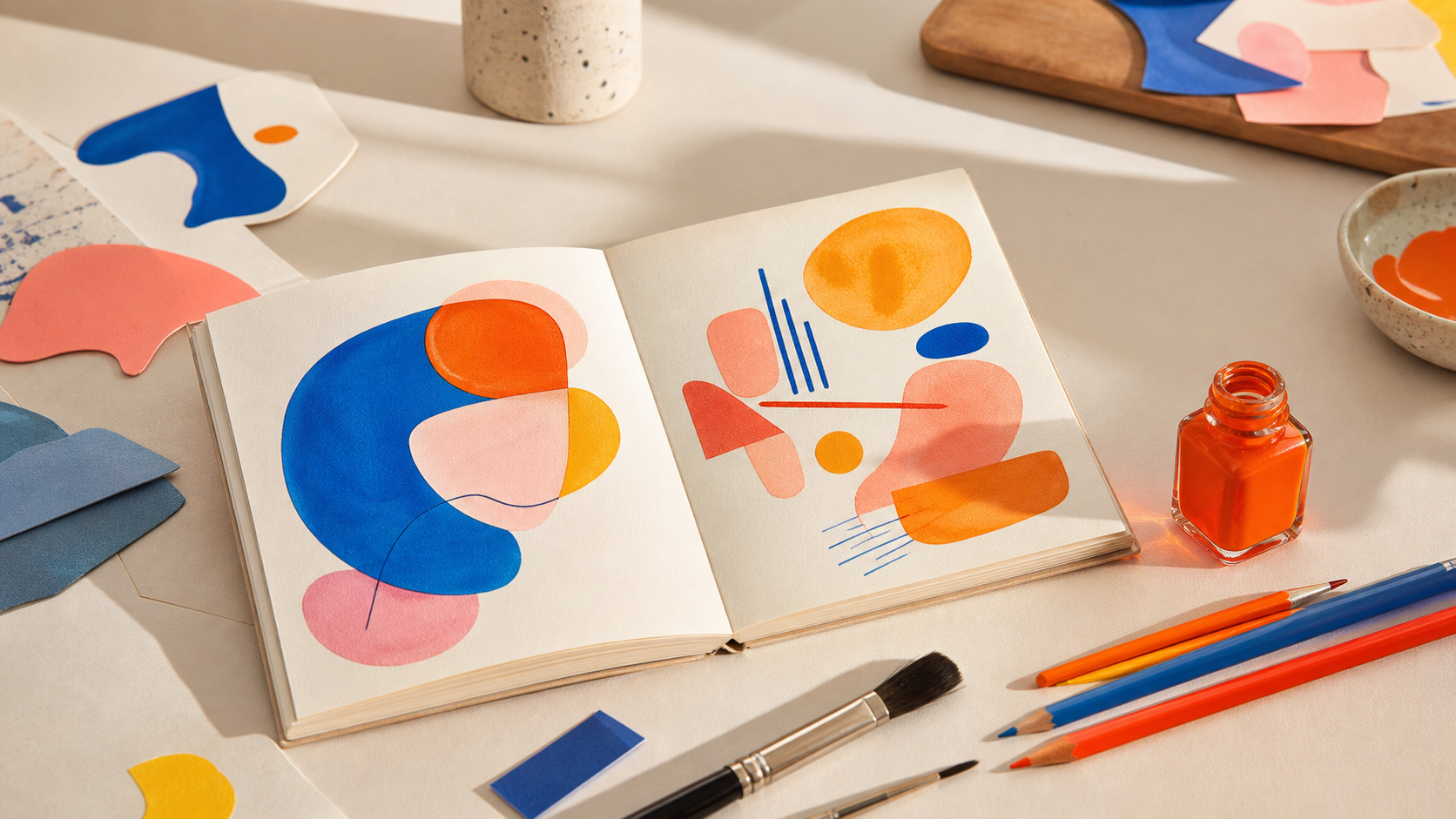 Illustrationsmaterial mit Skizzen, Farben und Papierformen