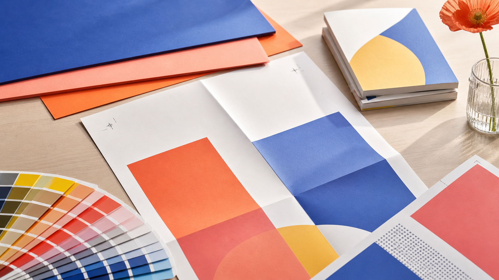 Farbiges Arrangement aus Papier, Stiften und grafischen Druckmaterialien